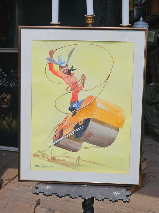 Vintage Original Watercolor Painting, "Roller Rider," #1013, by Henry Von Roesslar, April 1983, Phoenix Arizona, Cowboy, 20" x 16"