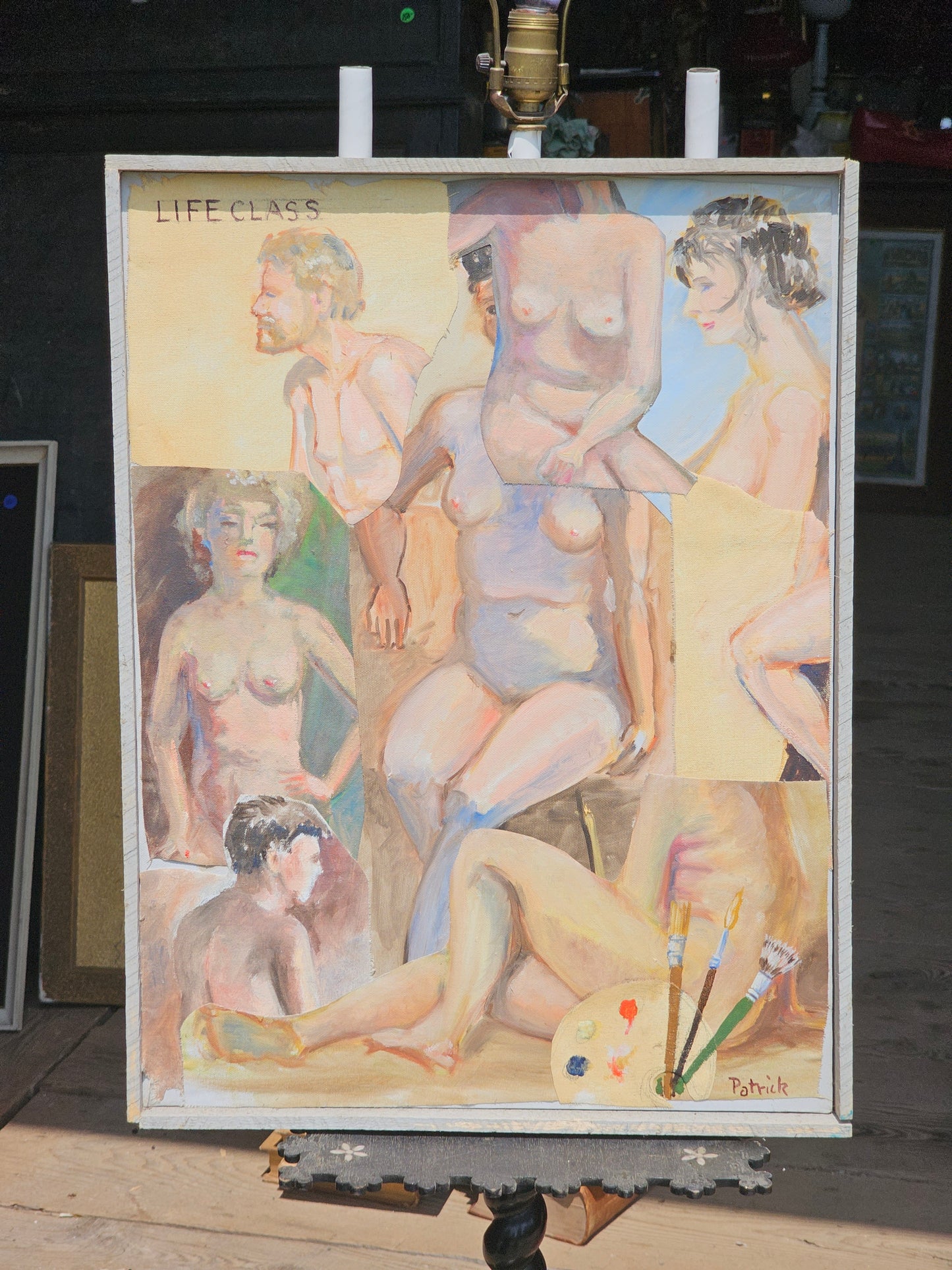 Vintage Art Student Nude Study, Male and Female Nude Figures, Oil on Canvas, "Life Class," Signed Patrick, 19" x 25"