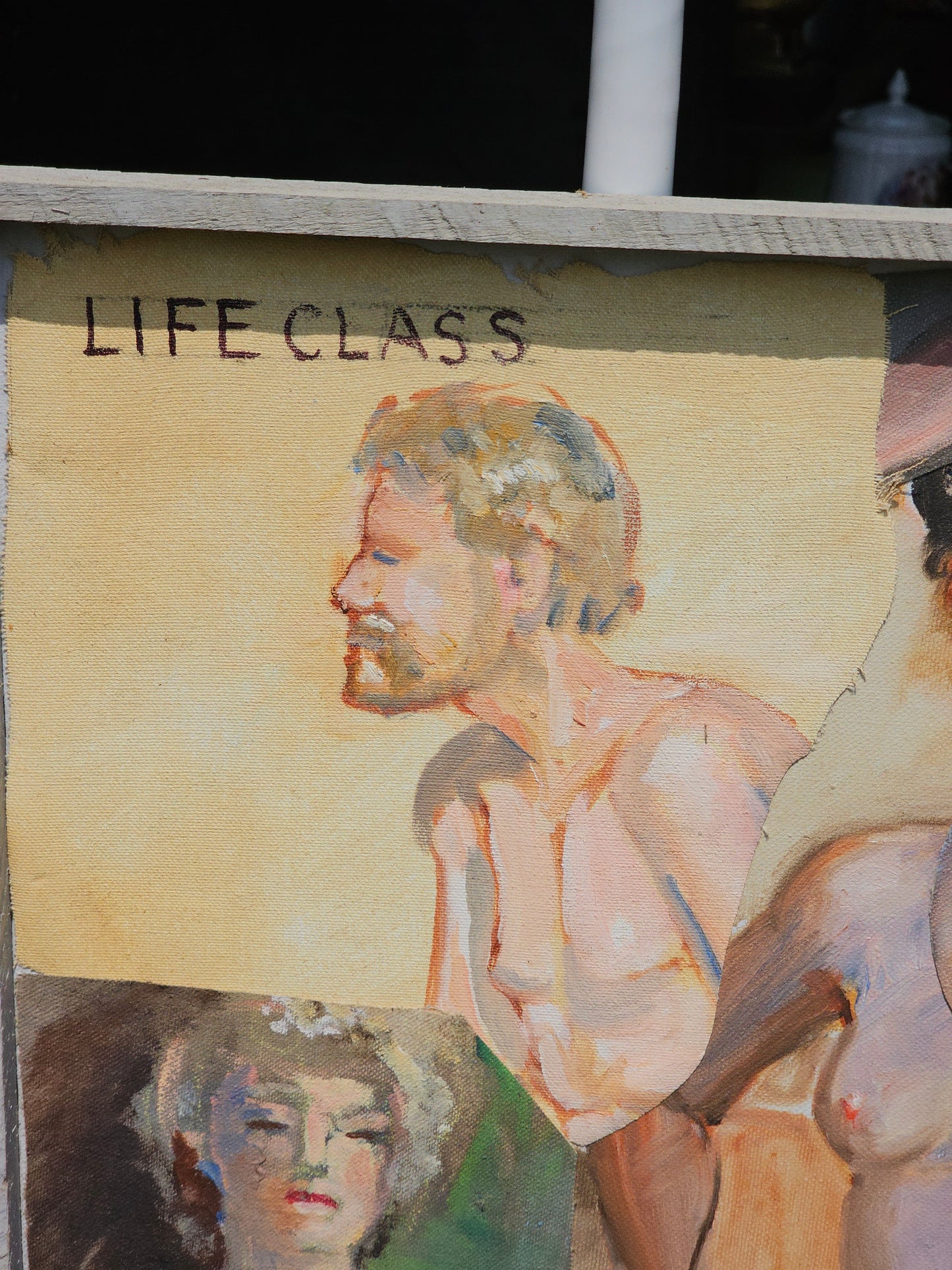 Vintage Art Student Nude Study, Male and Female Nude Figures, Oil on Canvas, "Life Class," Signed Patrick, 19" x 25"