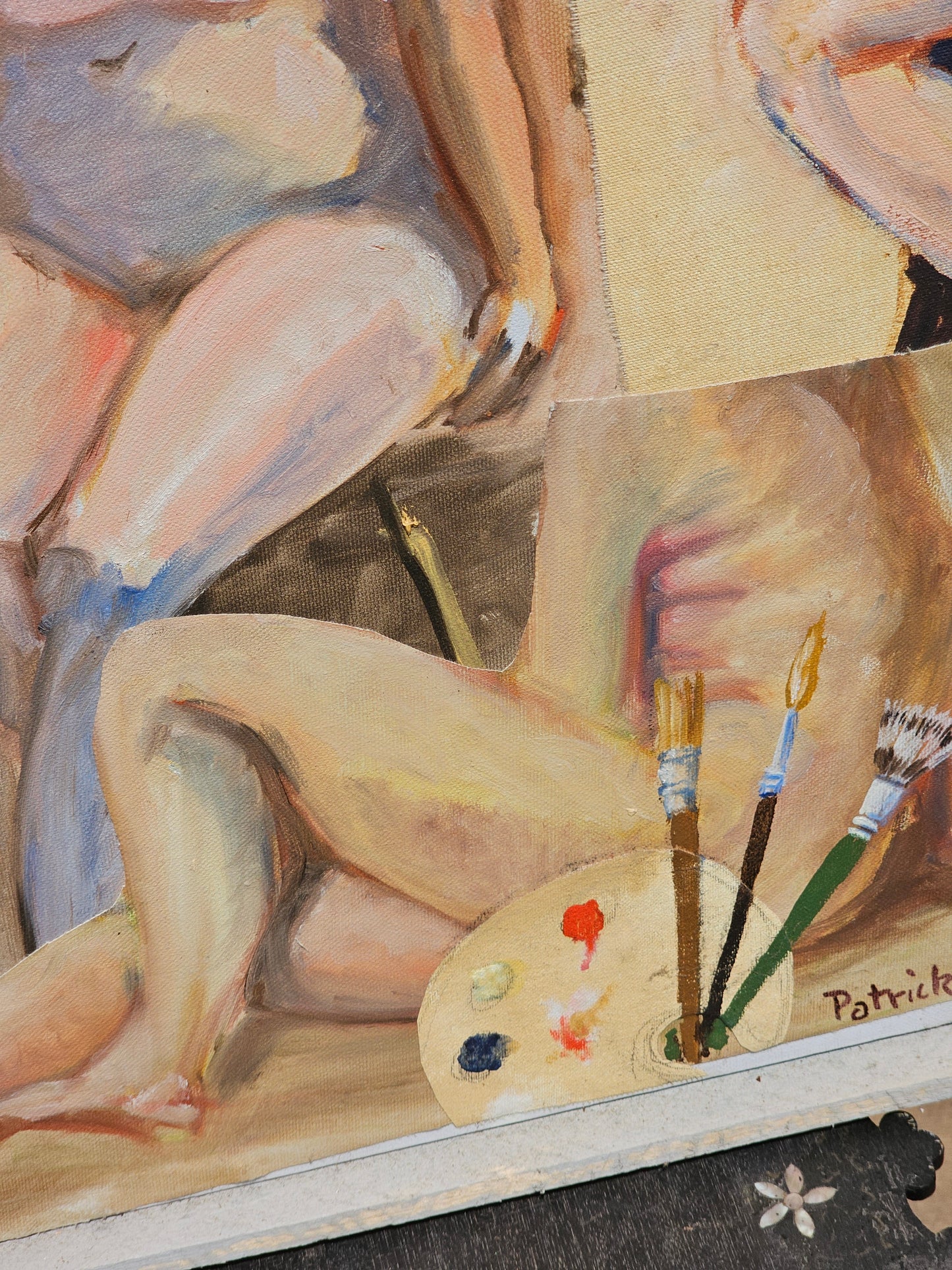 Vintage Art Student Nude Study, Male and Female Nude Figures, Oil on Canvas, "Life Class," Signed Patrick, 19" x 25"