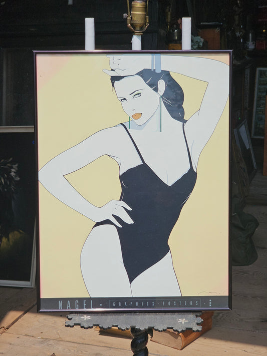 Vintage Nagel Graphics Poster, Sexy Woman in Swimsuit, Yellow Background, Metal Frame, 1990s, 18" x 24"