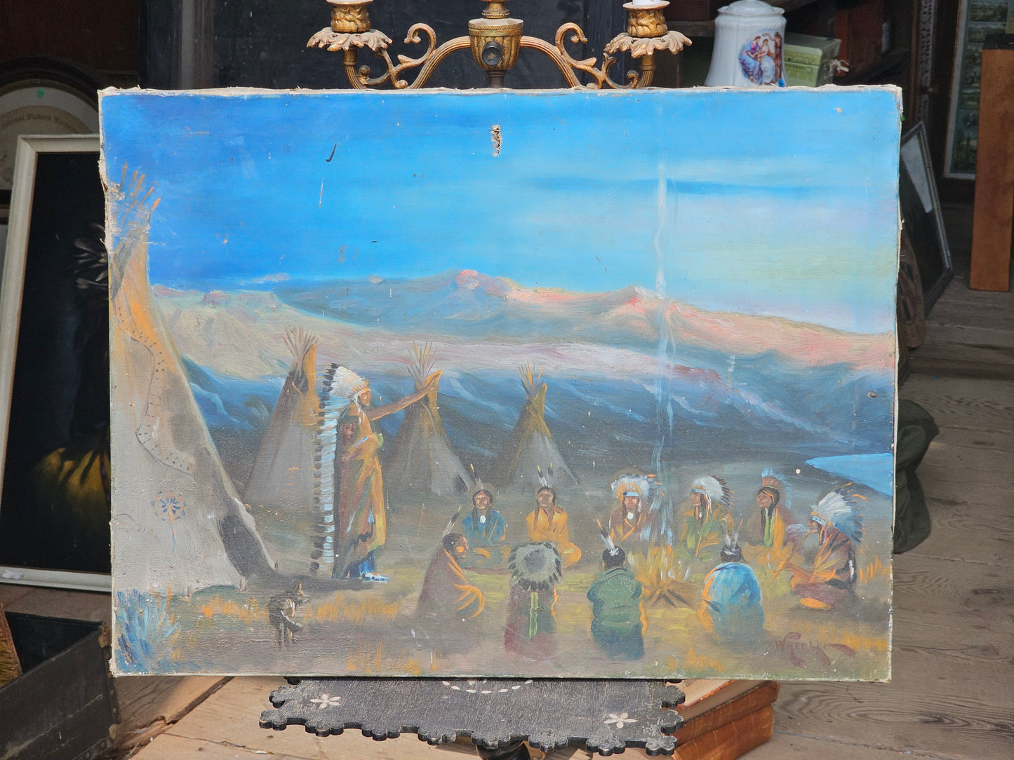 Antique Oil on Canvas Painting of Native Americans Around Fire, Dog, Teepees, Unframed, Signed Wheeler, Note Holes & Losses, 24" x 18"