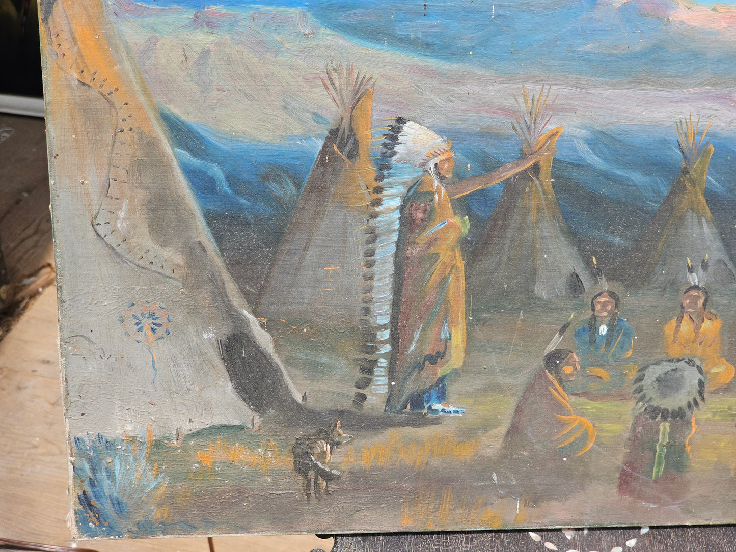 Antique Oil on Canvas Painting of Native Americans Around Fire, Dog, Teepees, Unframed, Signed Wheeler, Note Holes & Losses, 24" x 18"