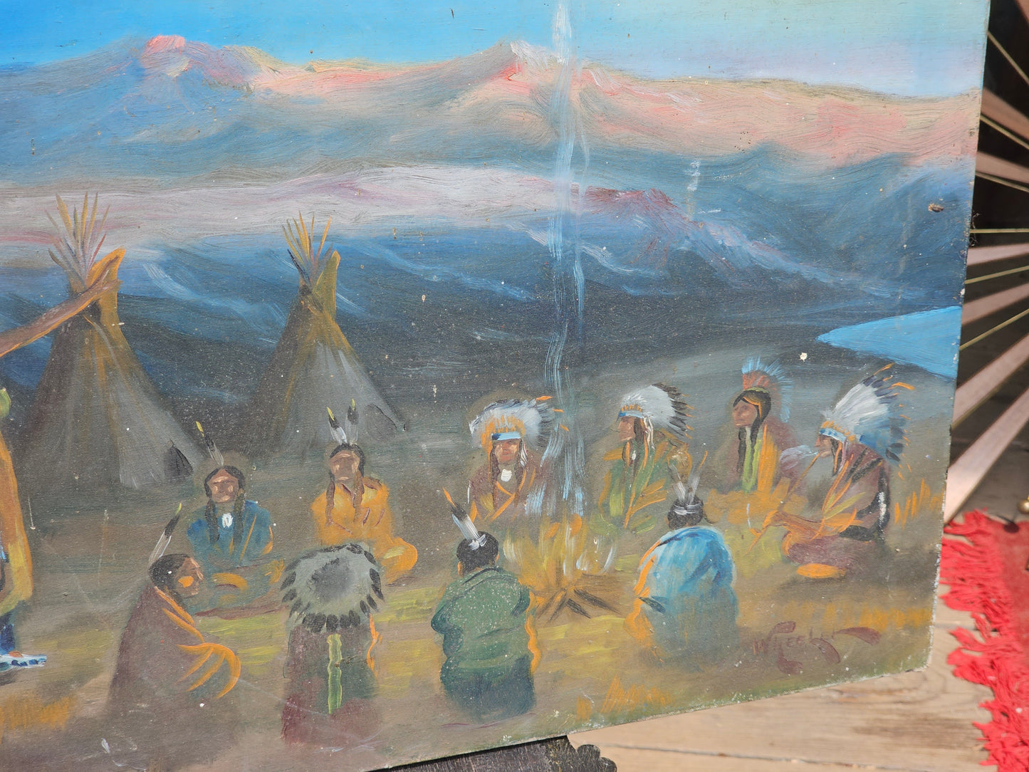 Antique Oil on Canvas Painting of Native Americans Around Fire, Dog, Teepees, Unframed, Signed Wheeler, Note Holes & Losses, 24" x 18"