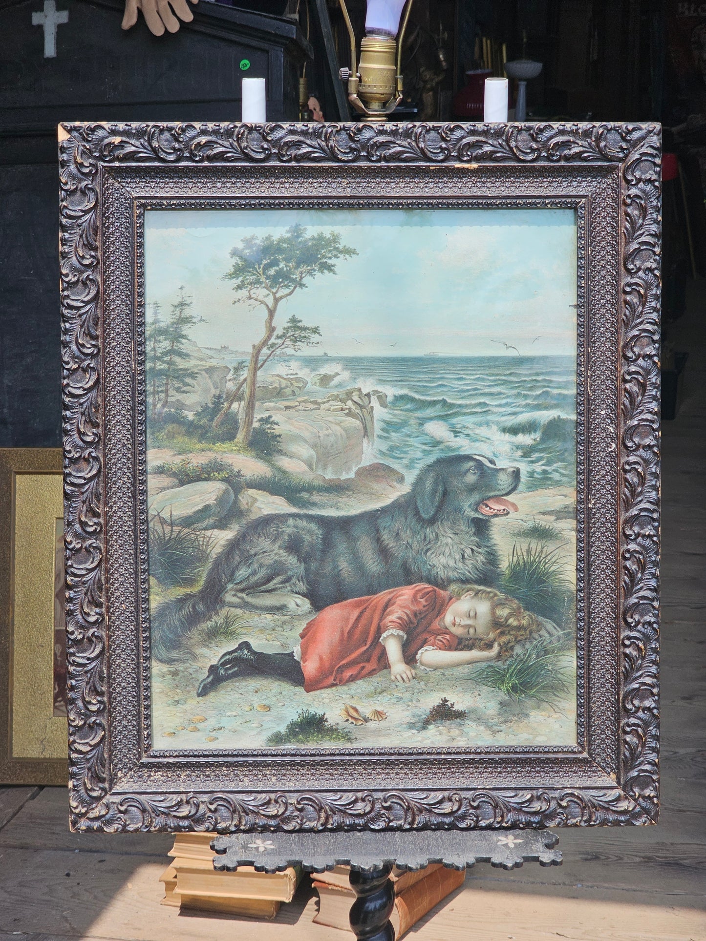 Large Antique Framed Print of Little Girl Asleep by Dog on Beach by Ocean, "Trusty Guardian," 21.25 x 26"