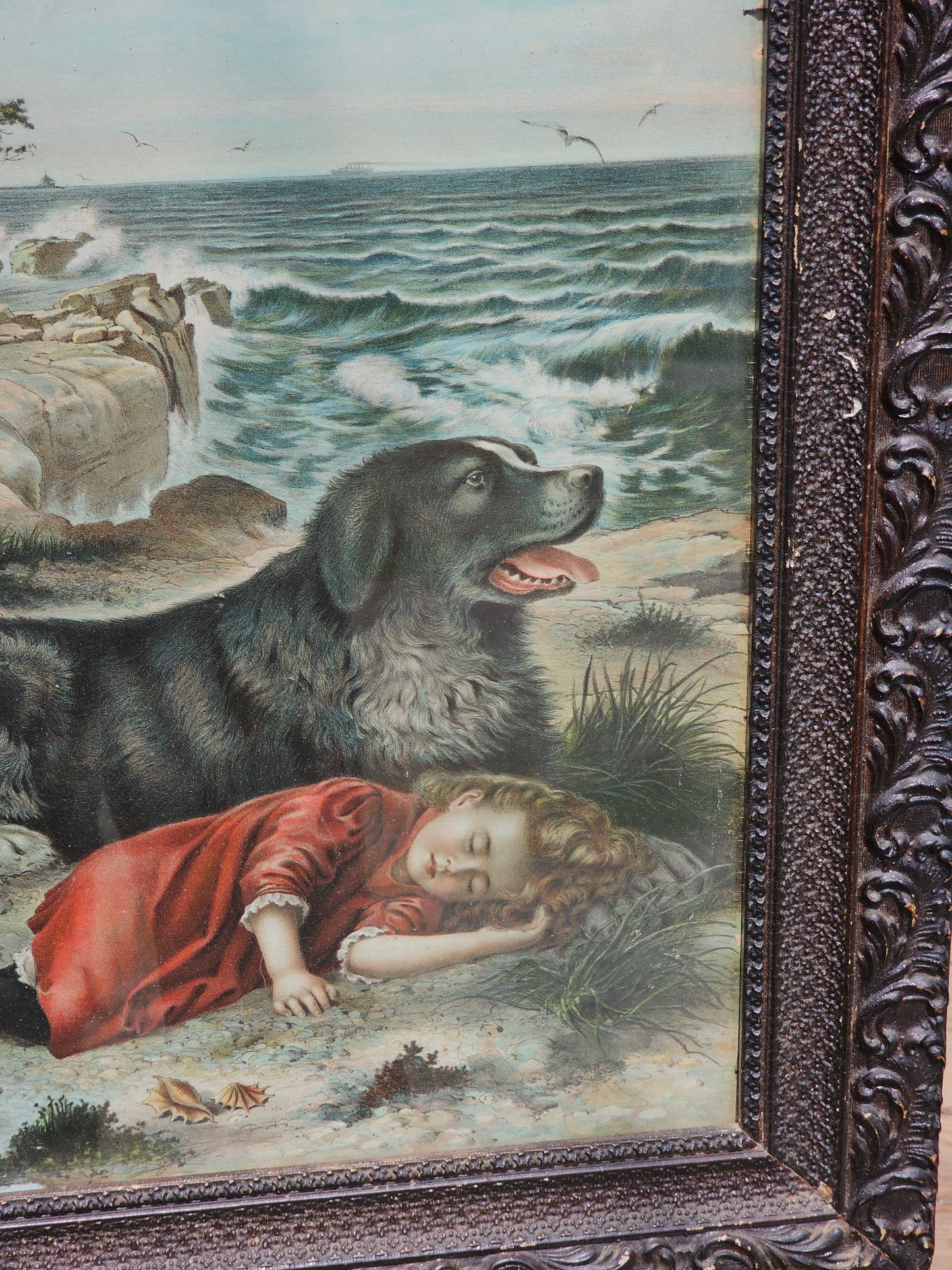 Large Antique Framed Print of Little Girl Asleep by Dog on Beach by Ocean, "Trusty Guardian," 21.25 x 26"