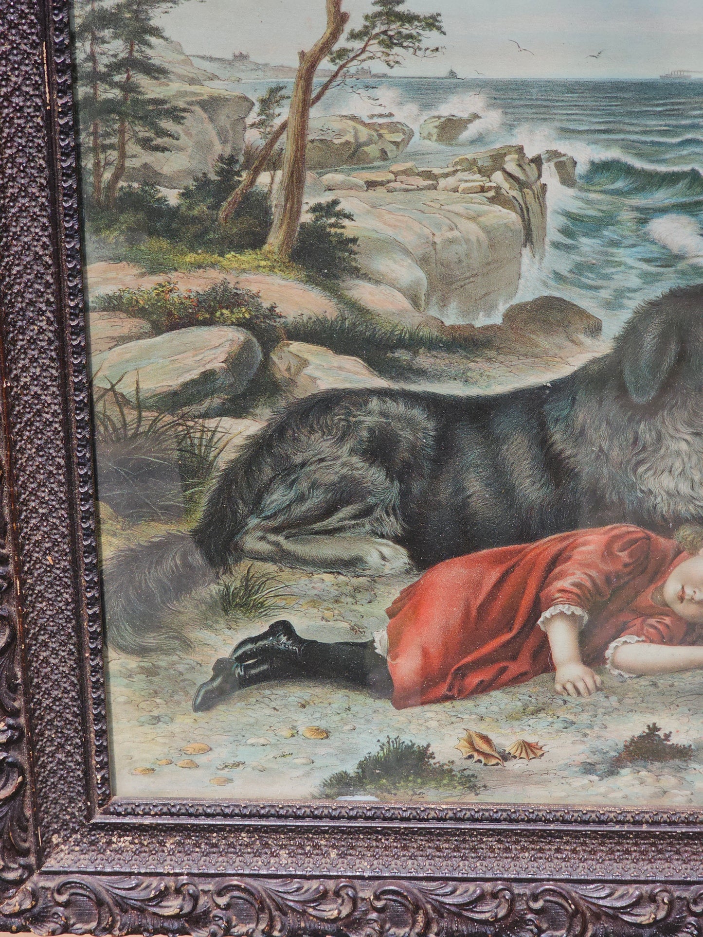 Large Antique Framed Print of Little Girl Asleep by Dog on Beach by Ocean, "Trusty Guardian," 21.25 x 26"