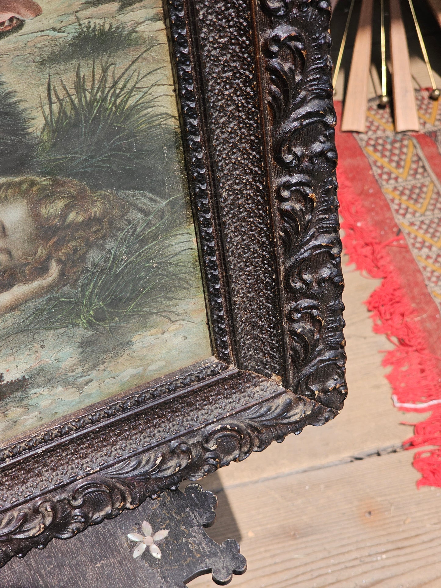 Large Antique Framed Print of Little Girl Asleep by Dog on Beach by Ocean, "Trusty Guardian," 21.25 x 26"