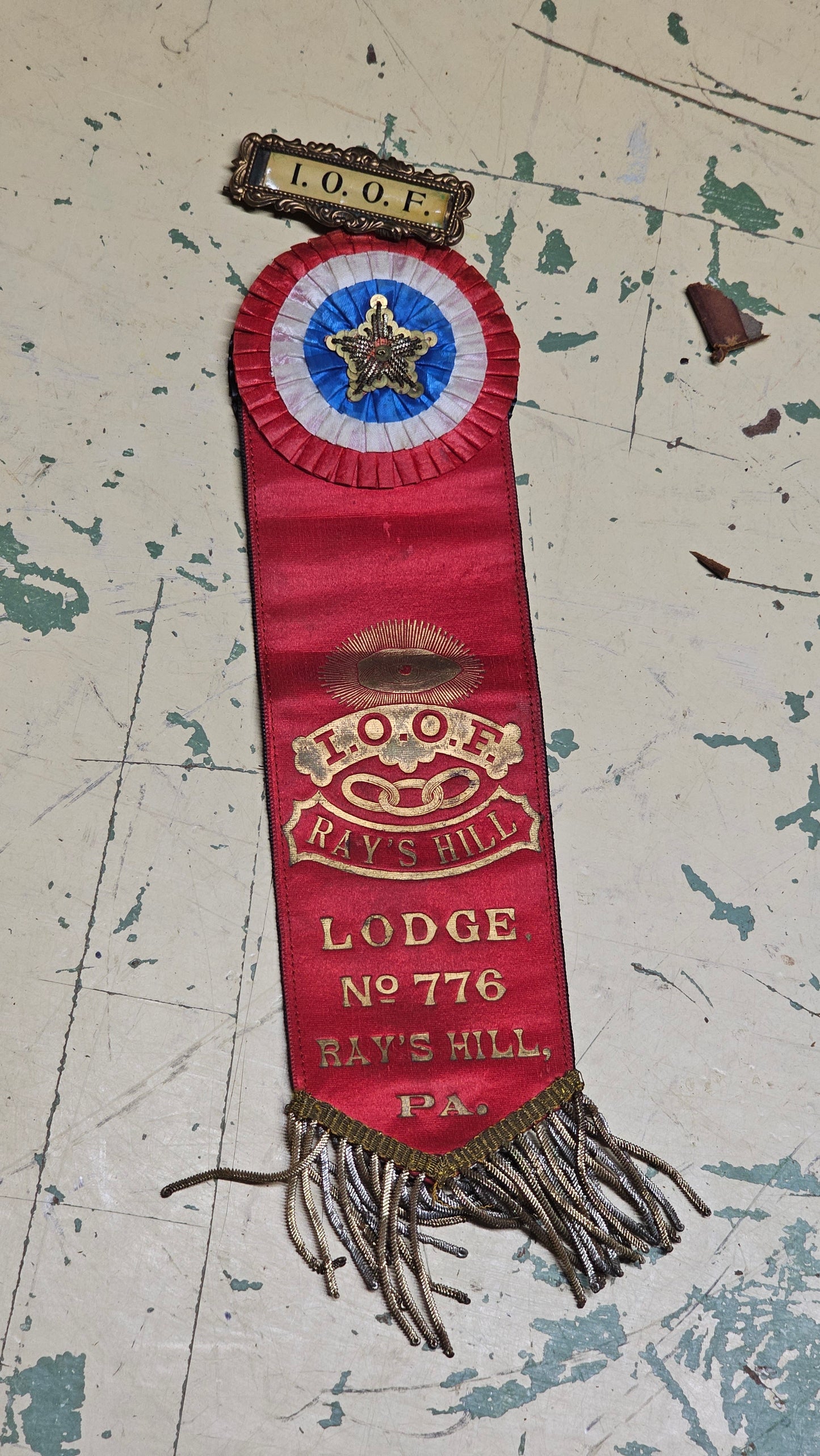 Antique IOOF Odd Fellows Ray's Hill Lodge No. 776 Pennsylvania In Memoriam Ribbon Badge