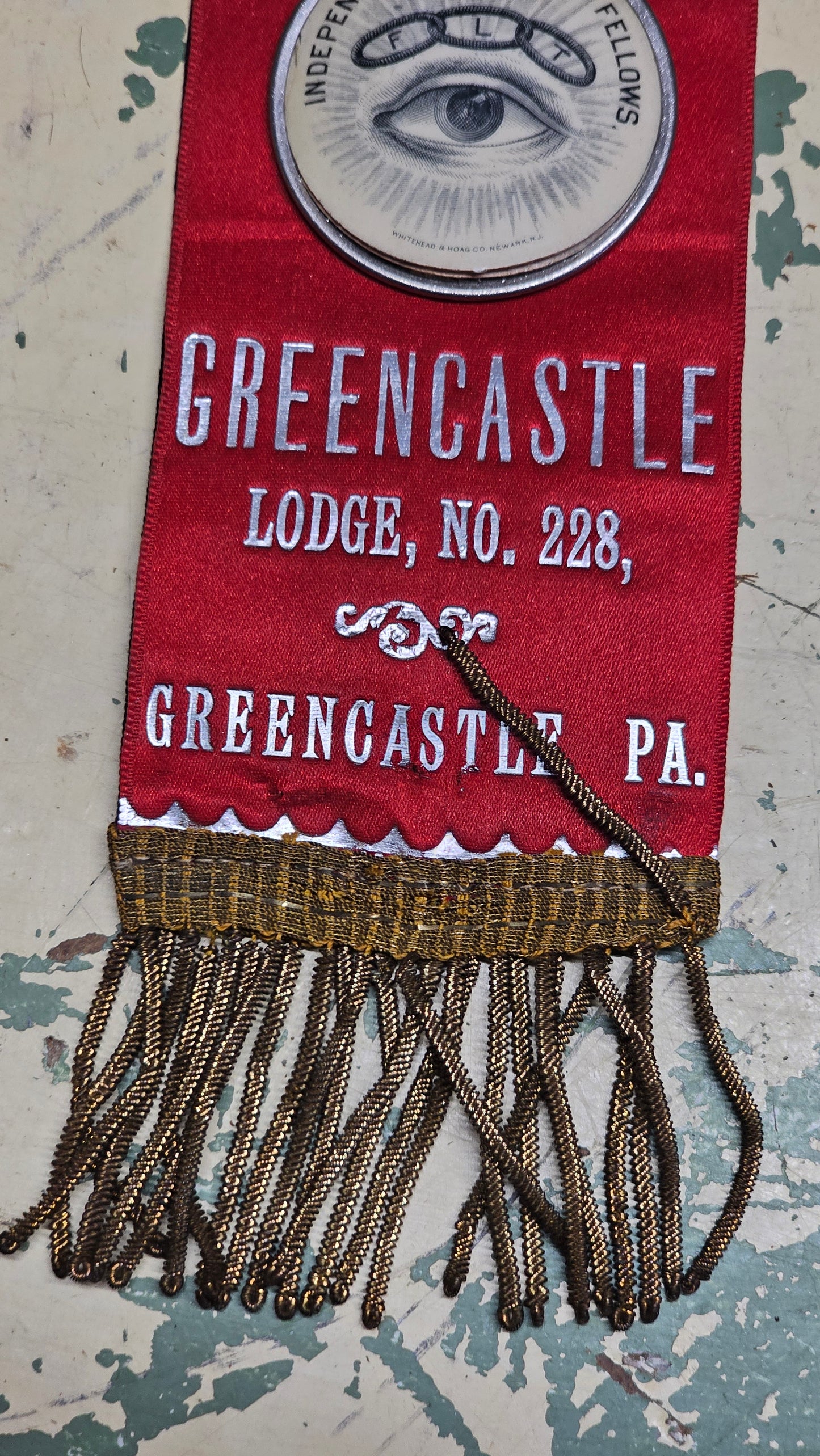 Antique IOOF Odd Fellows Greencastle Lodge No. 228 Pennsylvania In Memoriam Ribbon Badge