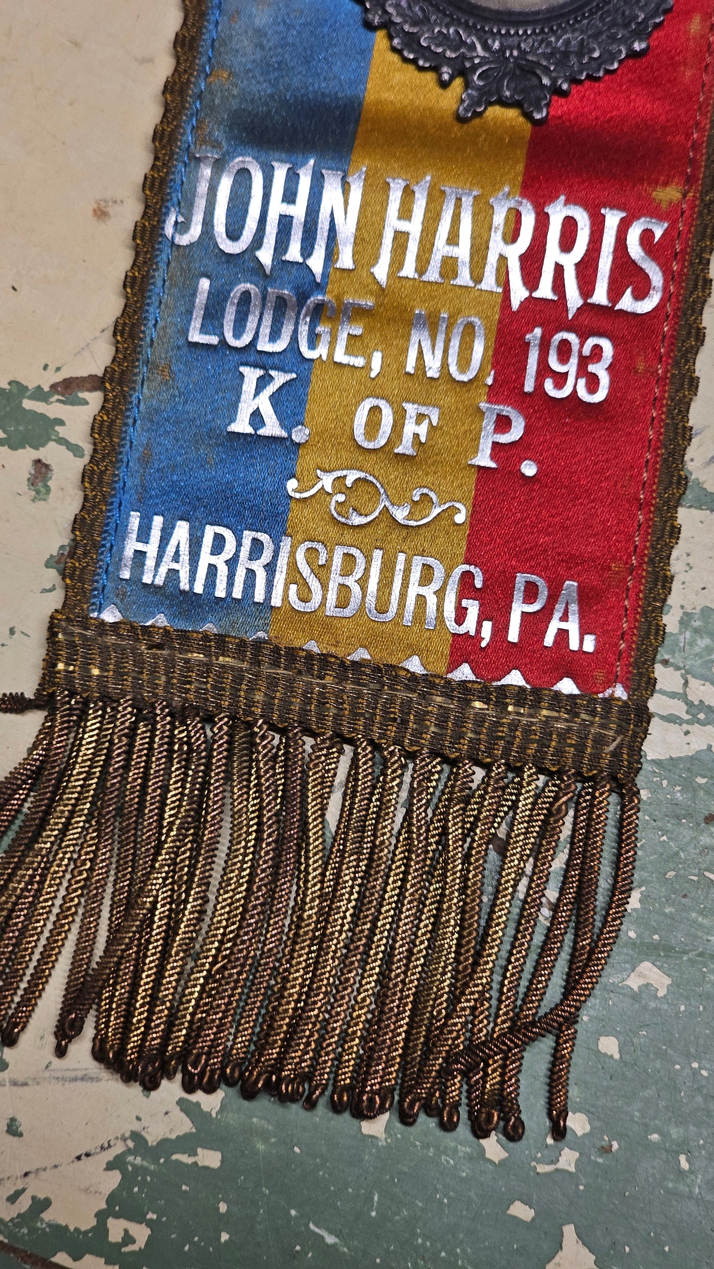 Antique Knights of Pythias FCB John Harris Lodge No. 193 Harrisburg, Pennsylvania, In Memoriam Ribbon Badge