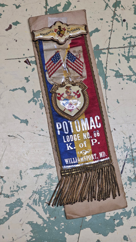 Antique Knights of Pythias FCB Potomac Lodge No. 66, Williamsport, Maryland, In Memoriam Ribbon Badge with Envelope