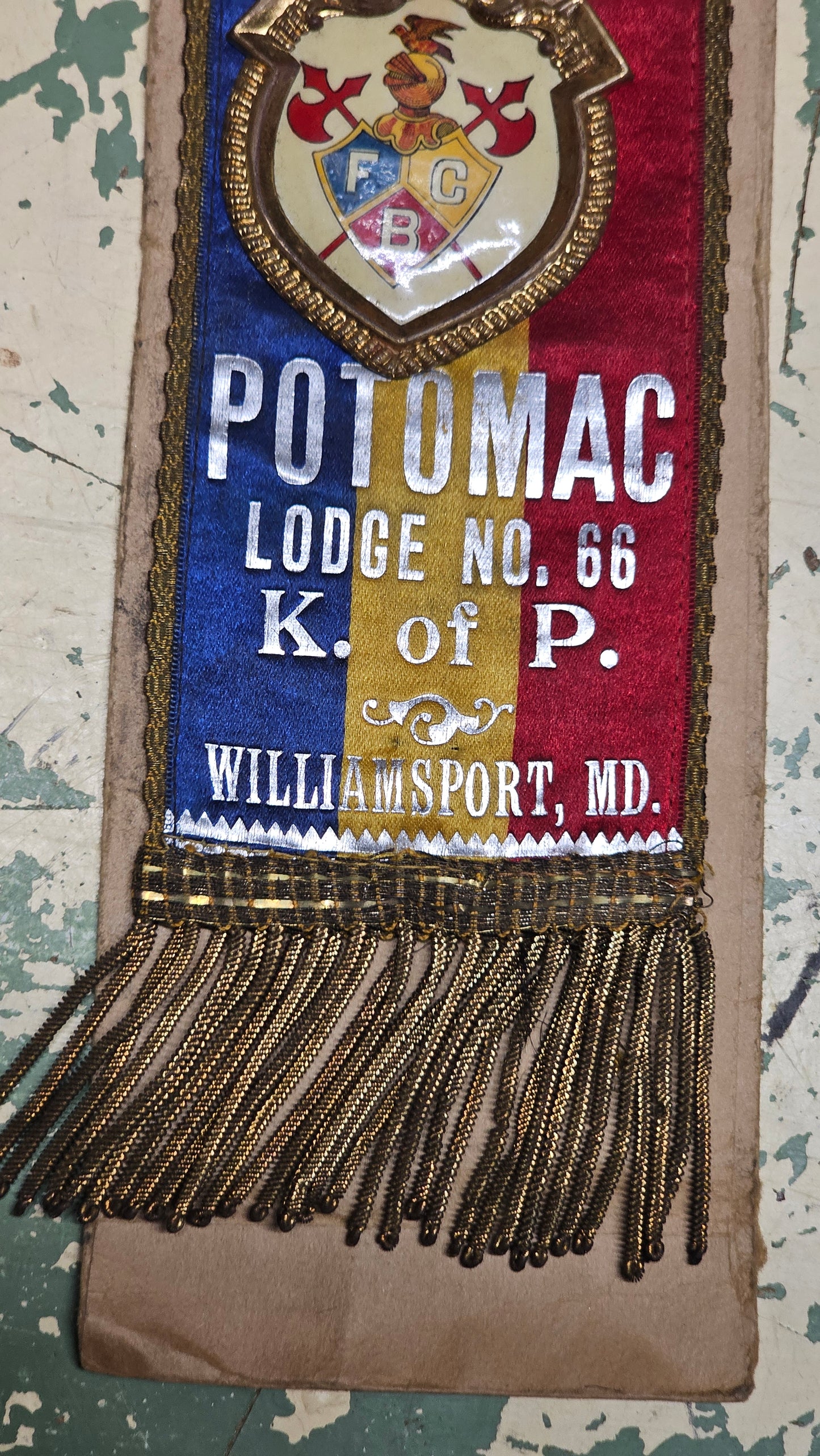 Antique Knights of Pythias FCB Potomac Lodge No. 66, Williamsport, Maryland, In Memoriam Ribbon Badge with Envelope