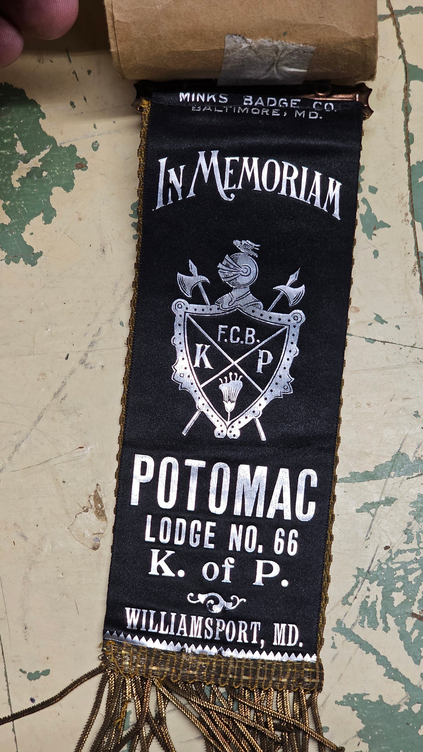 Antique Knights of Pythias FCB Potomac Lodge No. 66, Williamsport, Maryland, In Memoriam Ribbon Badge with Envelope