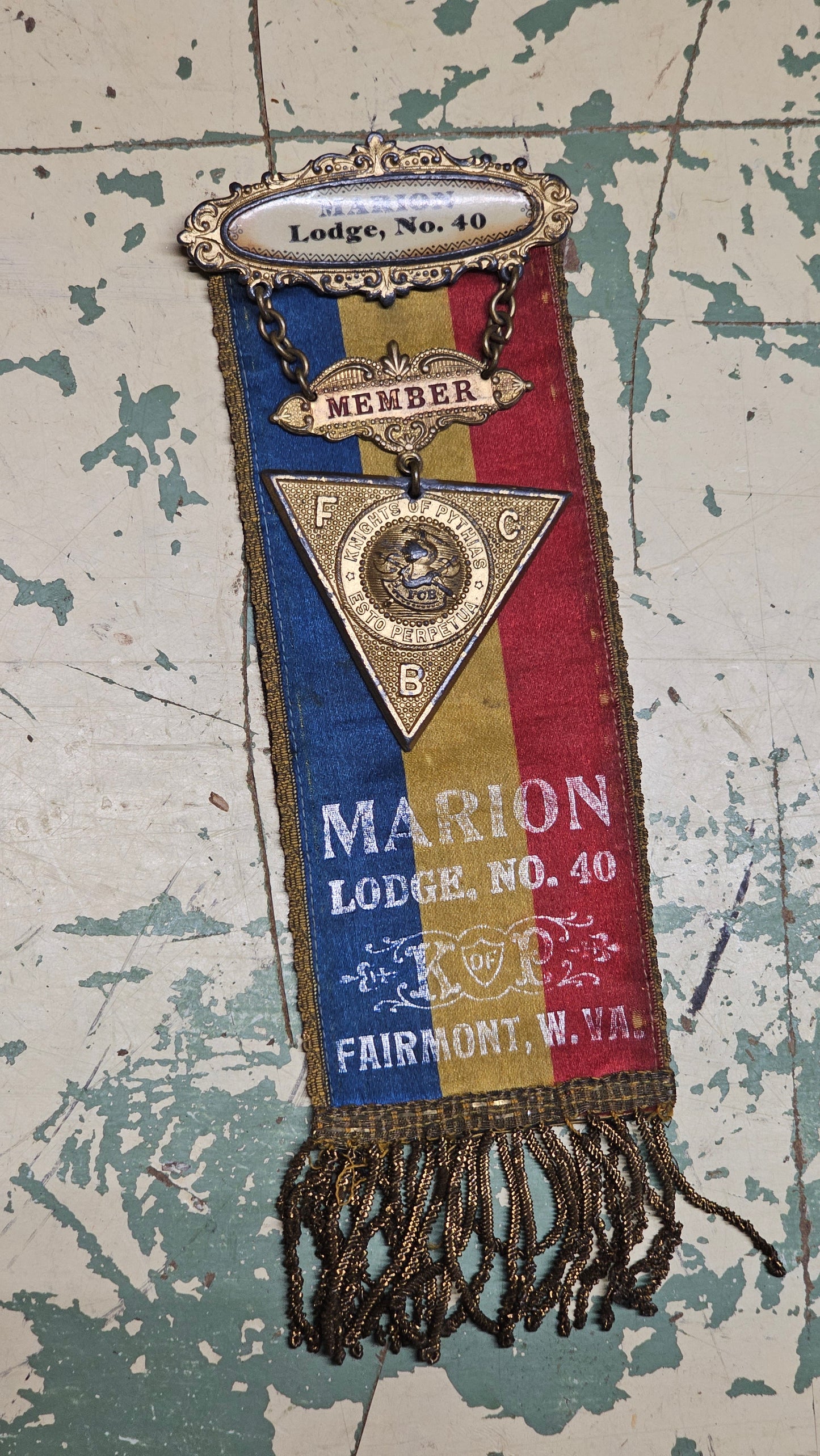 Antique Knights of Pythias FCB Marion Lodge No. 40, Fairmont, West Virginia Ribbon Badge