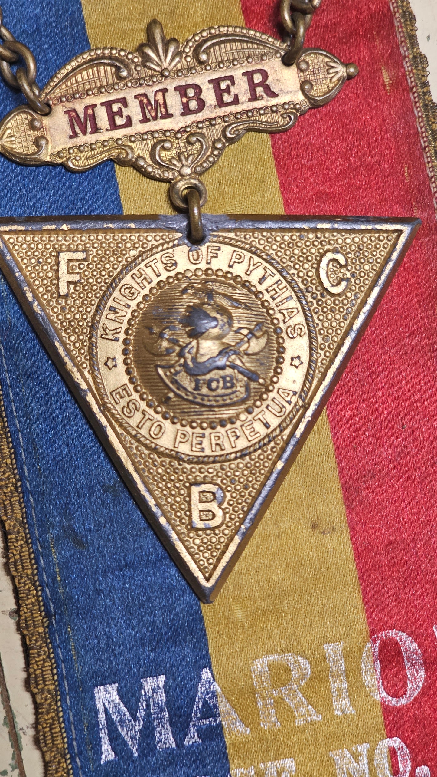 Antique Knights of Pythias FCB Marion Lodge No. 40, Fairmont, West Virginia Ribbon Badge