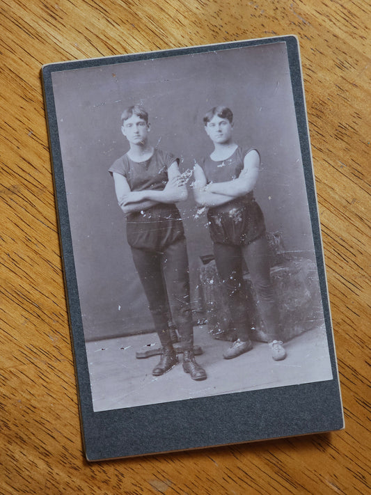 Antique Cabinet Card Photograph of Two Male Circus Performers, Gymnasts, Wear to Photo