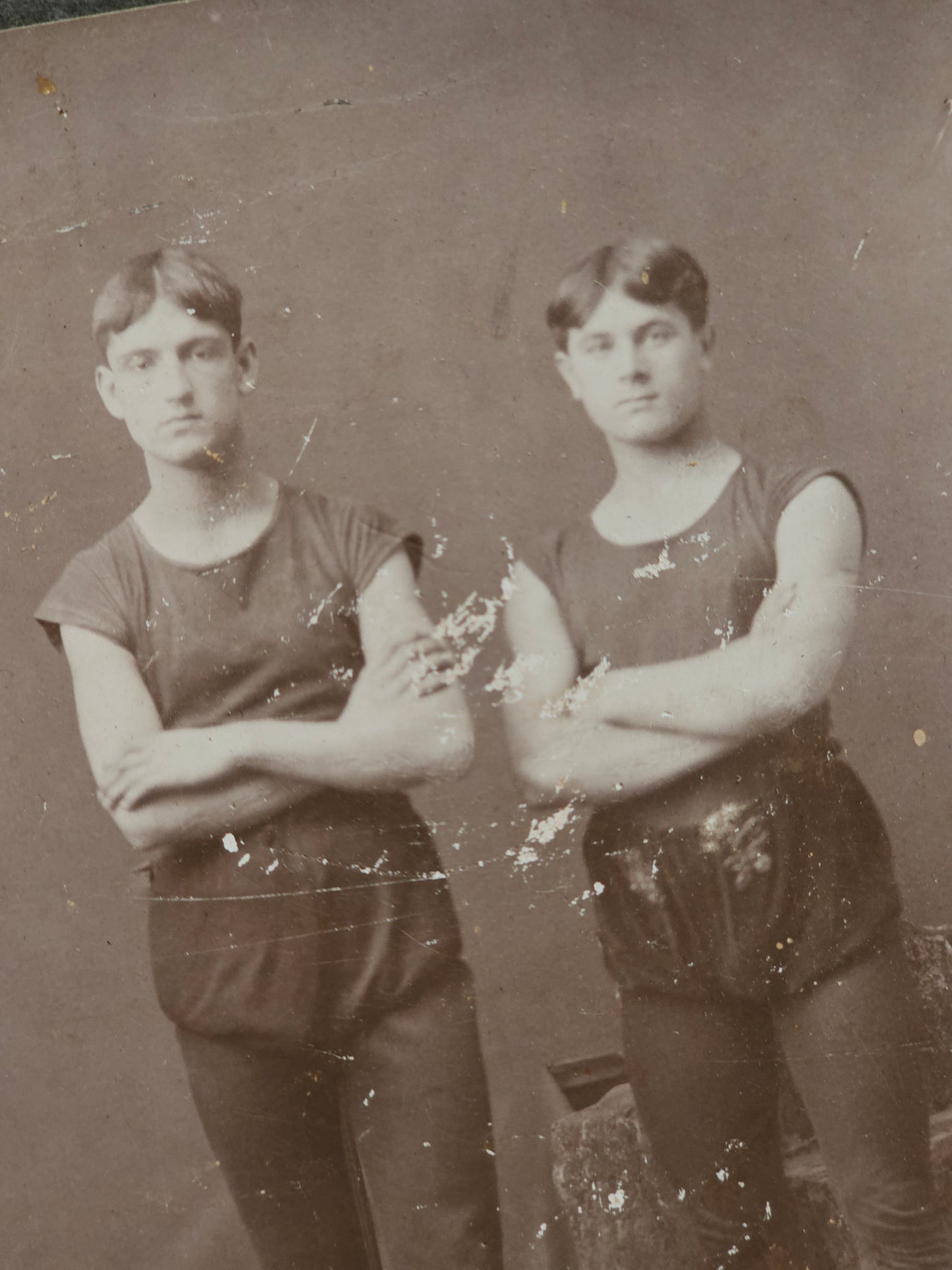 Antique Cabinet Card Photograph of Two Male Circus Performers, Gymnasts, Wear to Photo