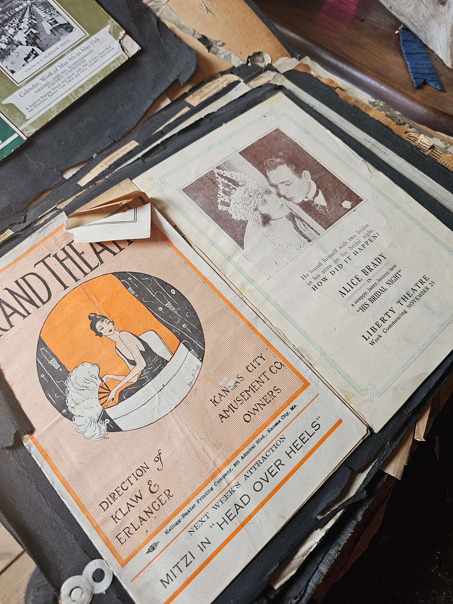 Massive 1920s Scrapbook, Midwestern USA, Ice Skating Photos, Athletics, Tons of Theater Programs, Huge and Packed, Pages Loose, Warped, Hundreds and Hundreds of Pieces