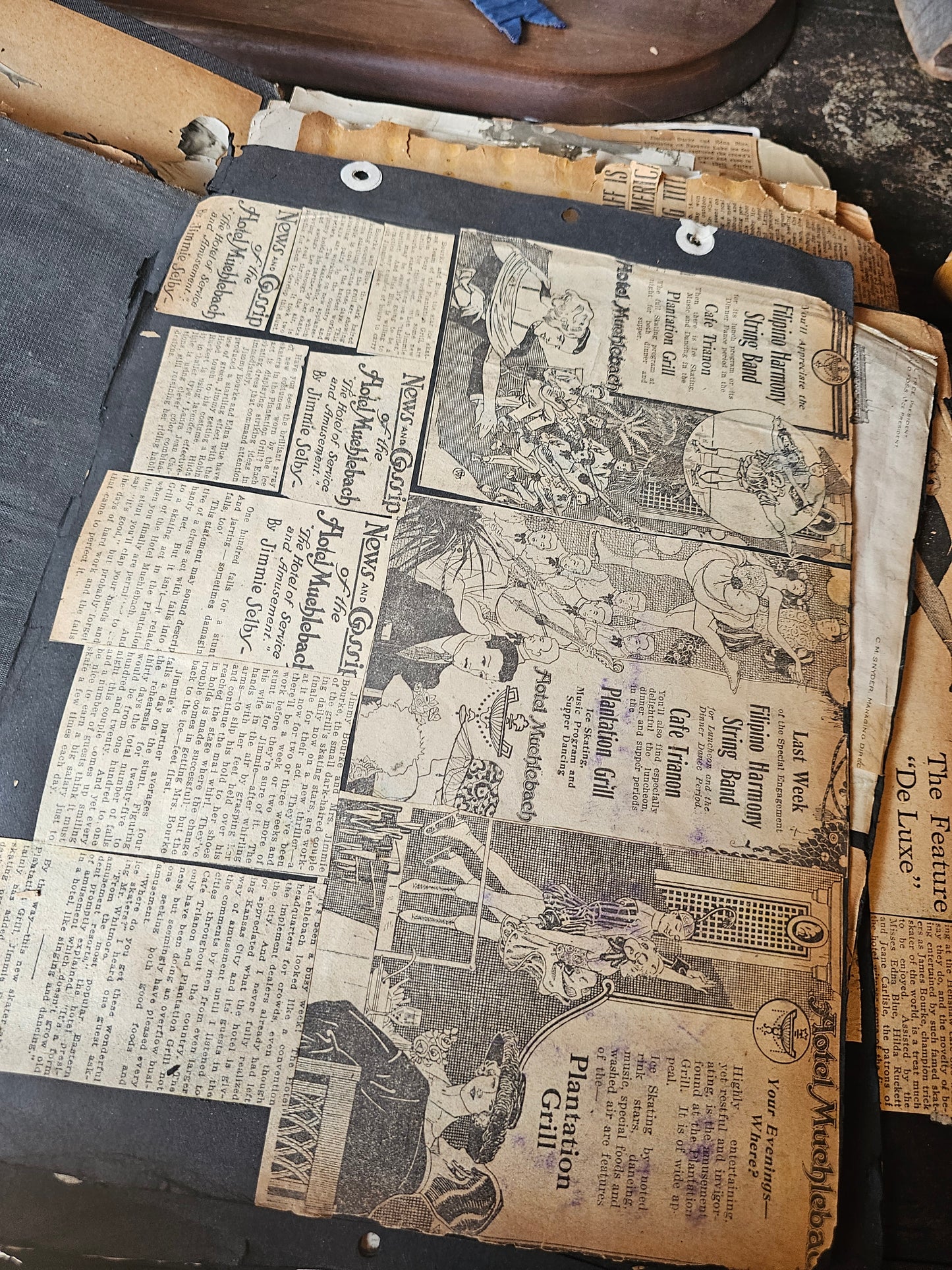 Massive 1920s Scrapbook, Midwestern USA, Ice Skating Photos, Athletics, Tons of Theater Programs, Huge and Packed, Pages Loose, Warped, Hundreds and Hundreds of Pieces