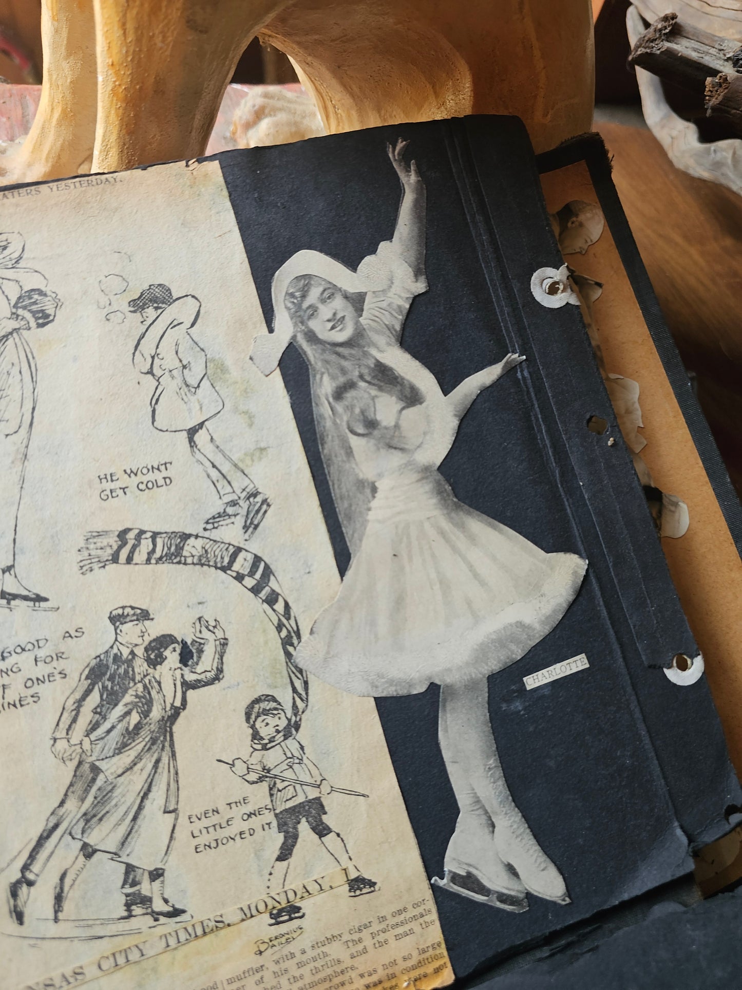 Massive 1920s Scrapbook, Midwestern USA, Ice Skating Photos, Athletics, Tons of Theater Programs, Huge and Packed, Pages Loose, Warped, Hundreds and Hundreds of Pieces