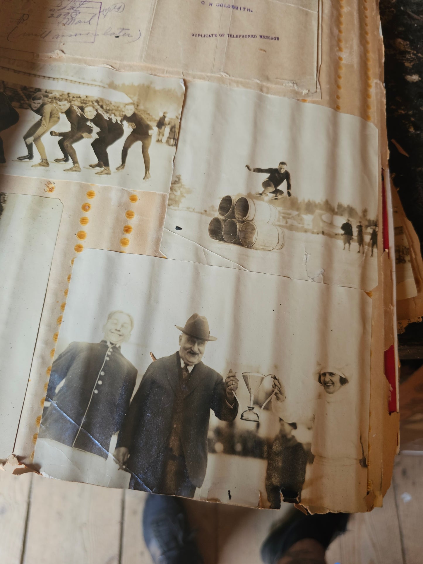 Massive 1920s Scrapbook, Midwestern USA, Ice Skating Photos, Athletics, Tons of Theater Programs, Huge and Packed, Pages Loose, Warped, Hundreds and Hundreds of Pieces