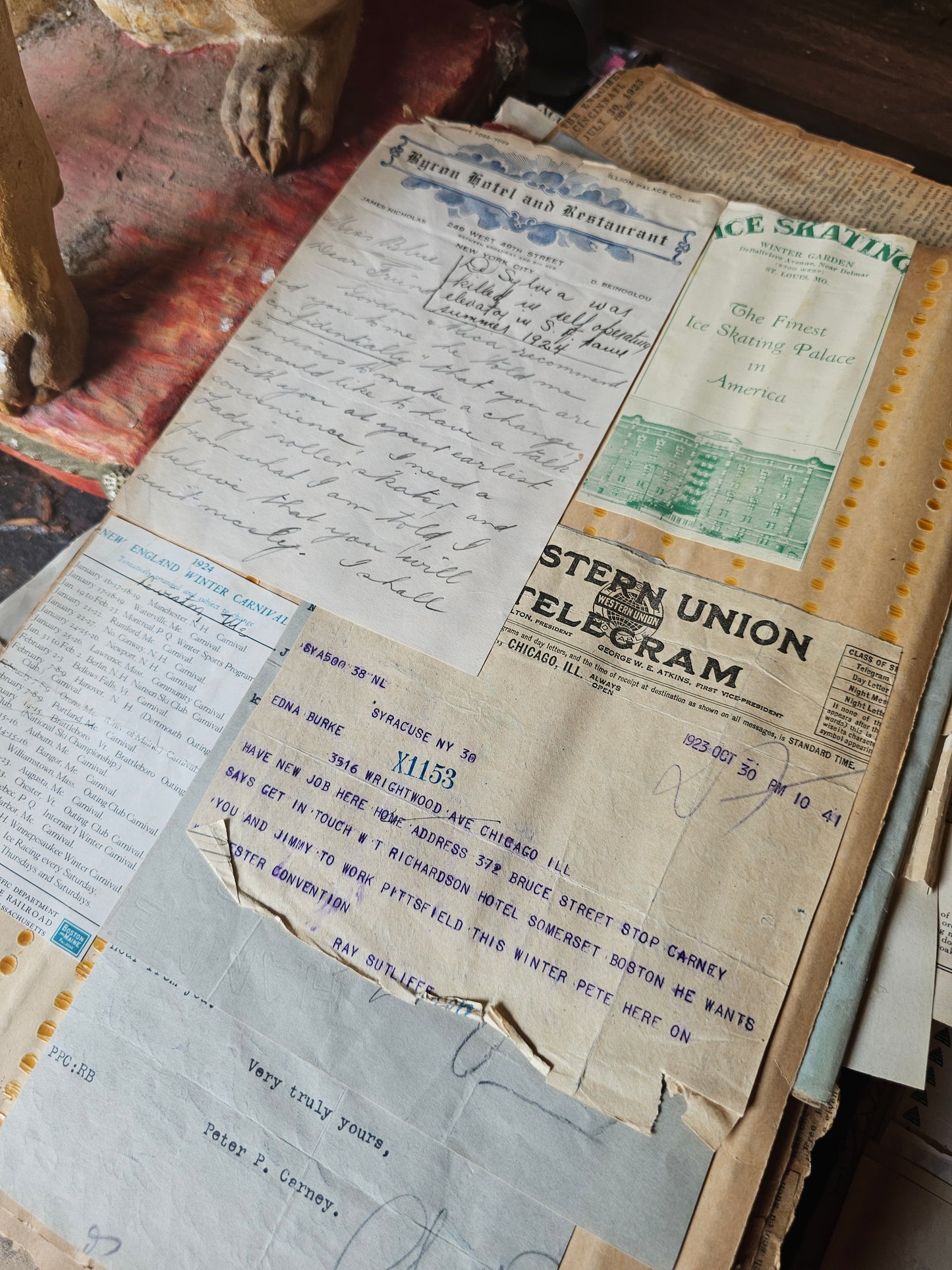 Massive 1920s Scrapbook, Midwestern USA, Ice Skating Photos, Athletics, Tons of Theater Programs, Huge and Packed, Pages Loose, Warped, Hundreds and Hundreds of Pieces