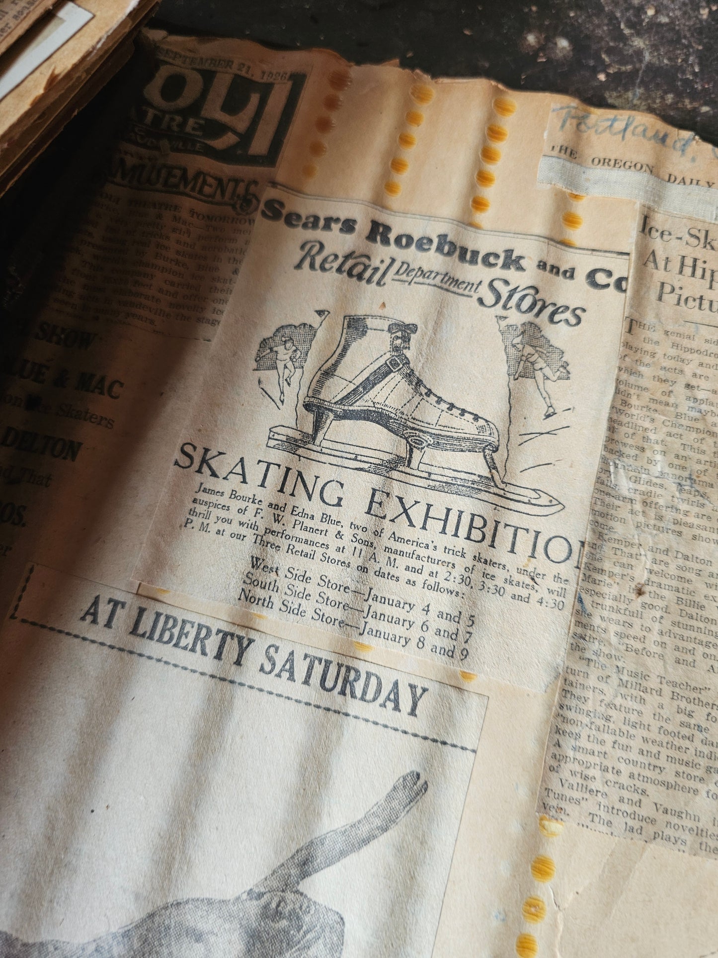 Massive 1920s Scrapbook, Midwestern USA, Ice Skating Photos, Athletics, Tons of Theater Programs, Huge and Packed, Pages Loose, Warped, Hundreds and Hundreds of Pieces