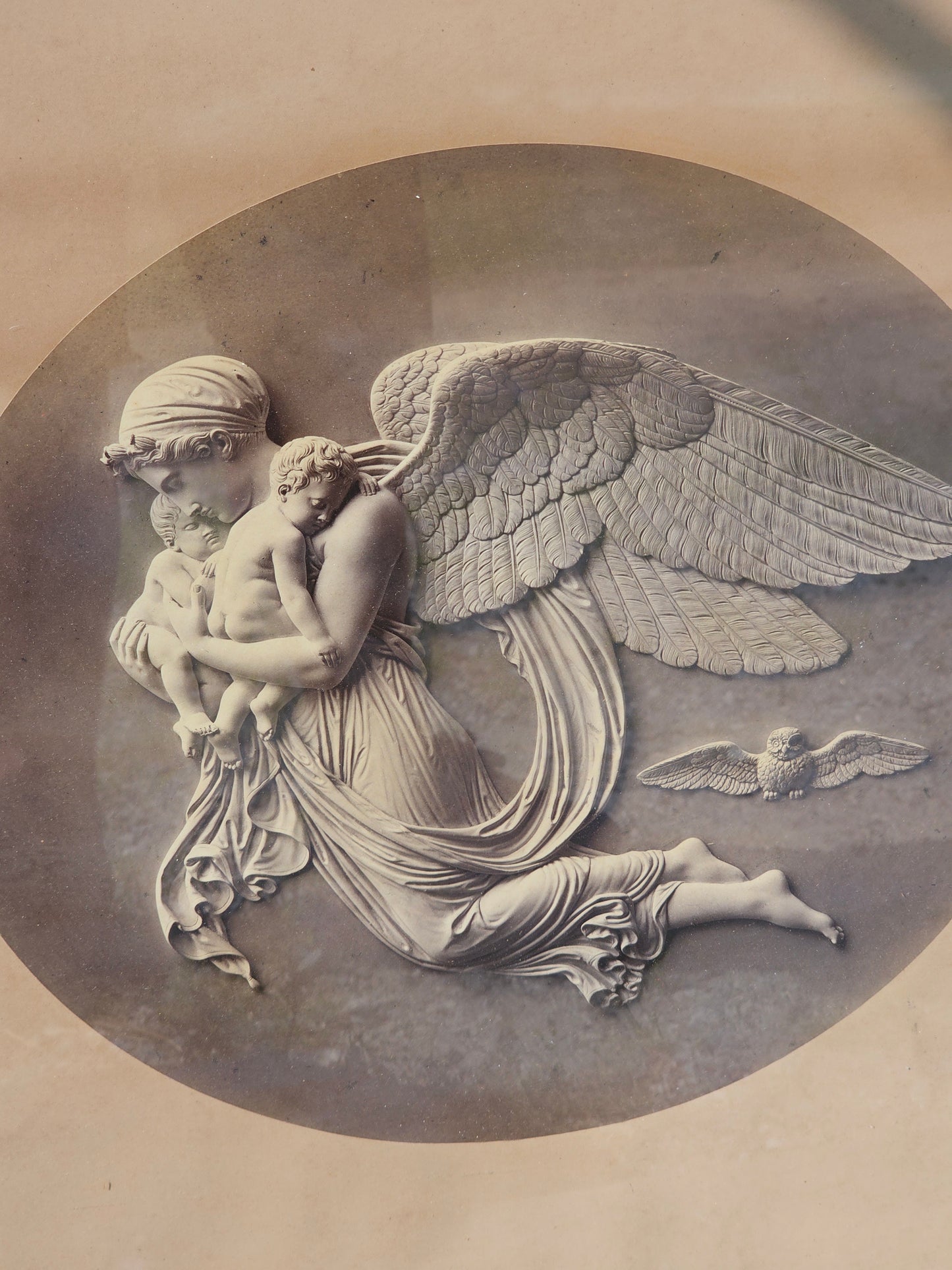 Large Antique Print of Angel Carrying Babies With Owl, Bertel Thorvaldsen, "Night," After Bas Relief by William Callio Roffe, 25" x 30"