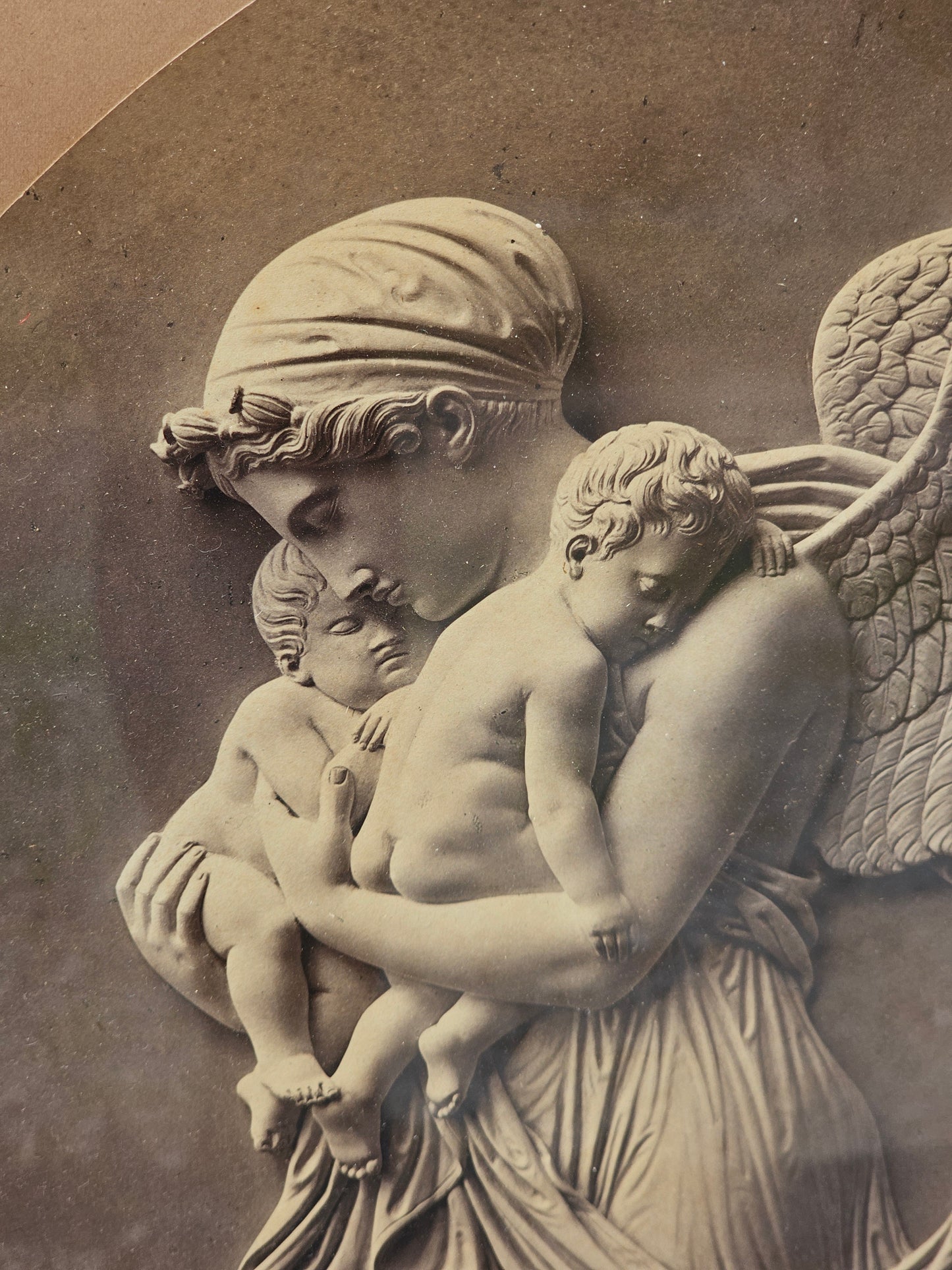 Large Antique Print of Angel Carrying Babies With Owl, Bertel Thorvaldsen, "Night," After Bas Relief by William Callio Roffe, 25" x 30"