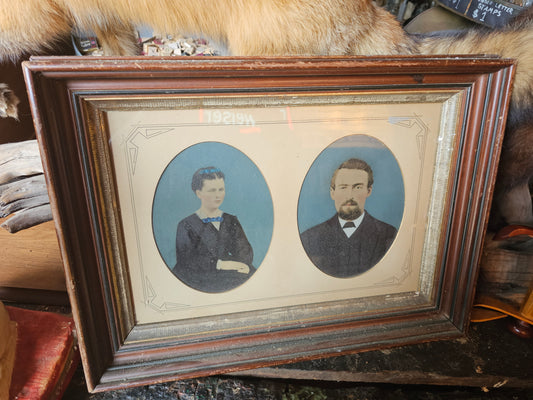 Antique Double Full Plate Tintype Photographs Framed, Hand Tinted, Man and Woman