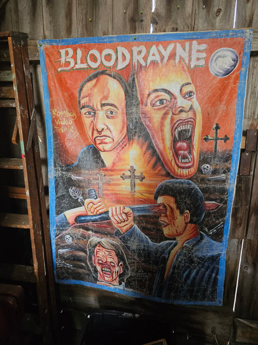 Large Contemporary Ghanaian Movie Poster Re-Used Sack Canvas for Bloodrayne, Hand Painted by OA Heavy J, Teshie Bombay Video, Ghana, Approx 38" x 52"