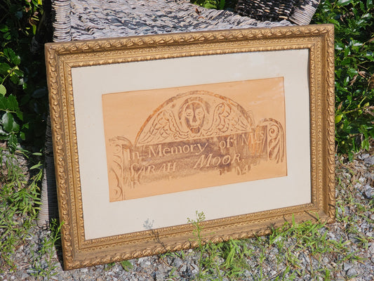 Vintage Framed Grave Rubbing In Memory of Mrs. Sarah Moore, 17th/18th Century Grave, 25" x 18"