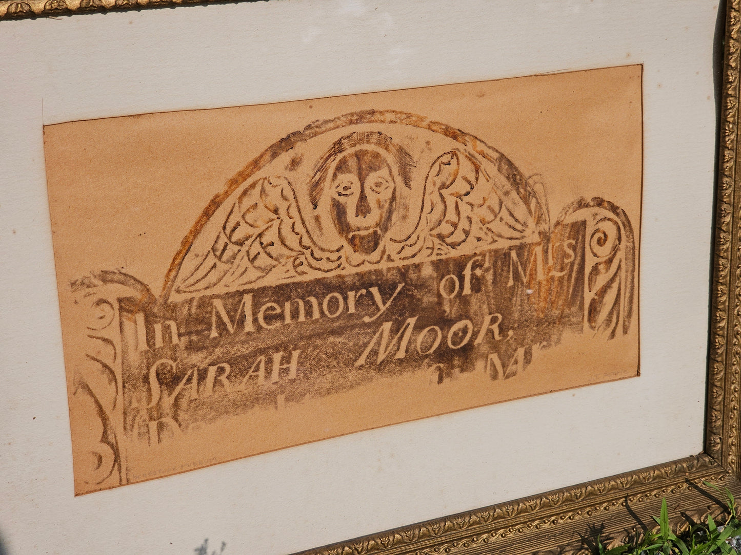 Vintage Framed Grave Rubbing In Memory of Mrs. Sarah Moore, 17th/18th Century Grave, 25" x 18"