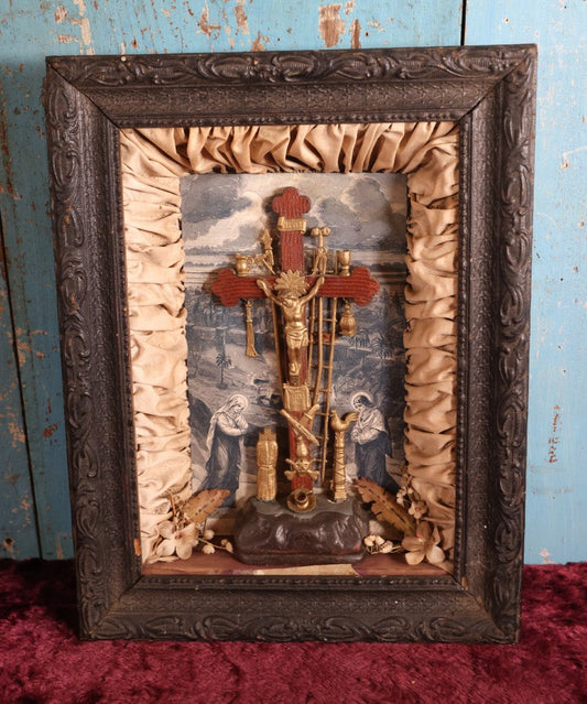 Lot 004 - Antique Thy Kingdom Come Religious Shadow Box, Jesus Christ Crucifixion, Weapons Of Christ, No Glass