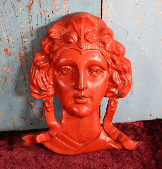 Lot 005 - Large Vintage Cast Metal Woman Face, Red Orange Paint, Greek Goddess