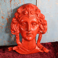 Lot 005 - Large Vintage Cast Metal Woman Face, Red Orange Paint, Greek Goddess