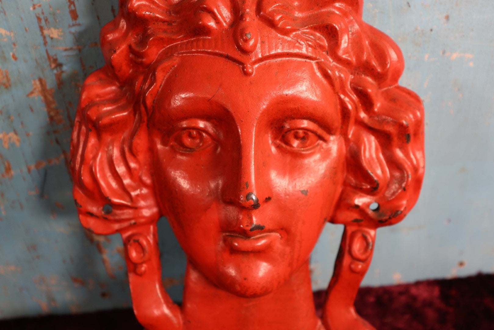 Lot 005 - Large Vintage Cast Metal Woman Face, Red Orange Paint, Greek Goddess