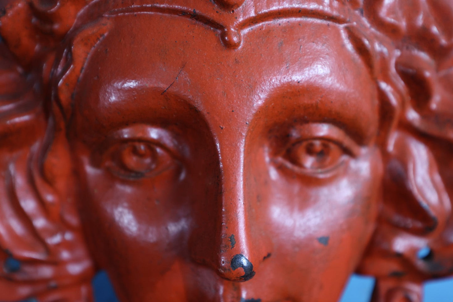 Lot 005 - Large Vintage Cast Metal Woman Face, Red Orange Paint, Greek Goddess