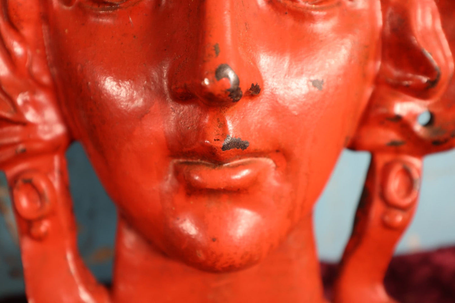 Lot 005 - Large Vintage Cast Metal Woman Face, Red Orange Paint, Greek Goddess