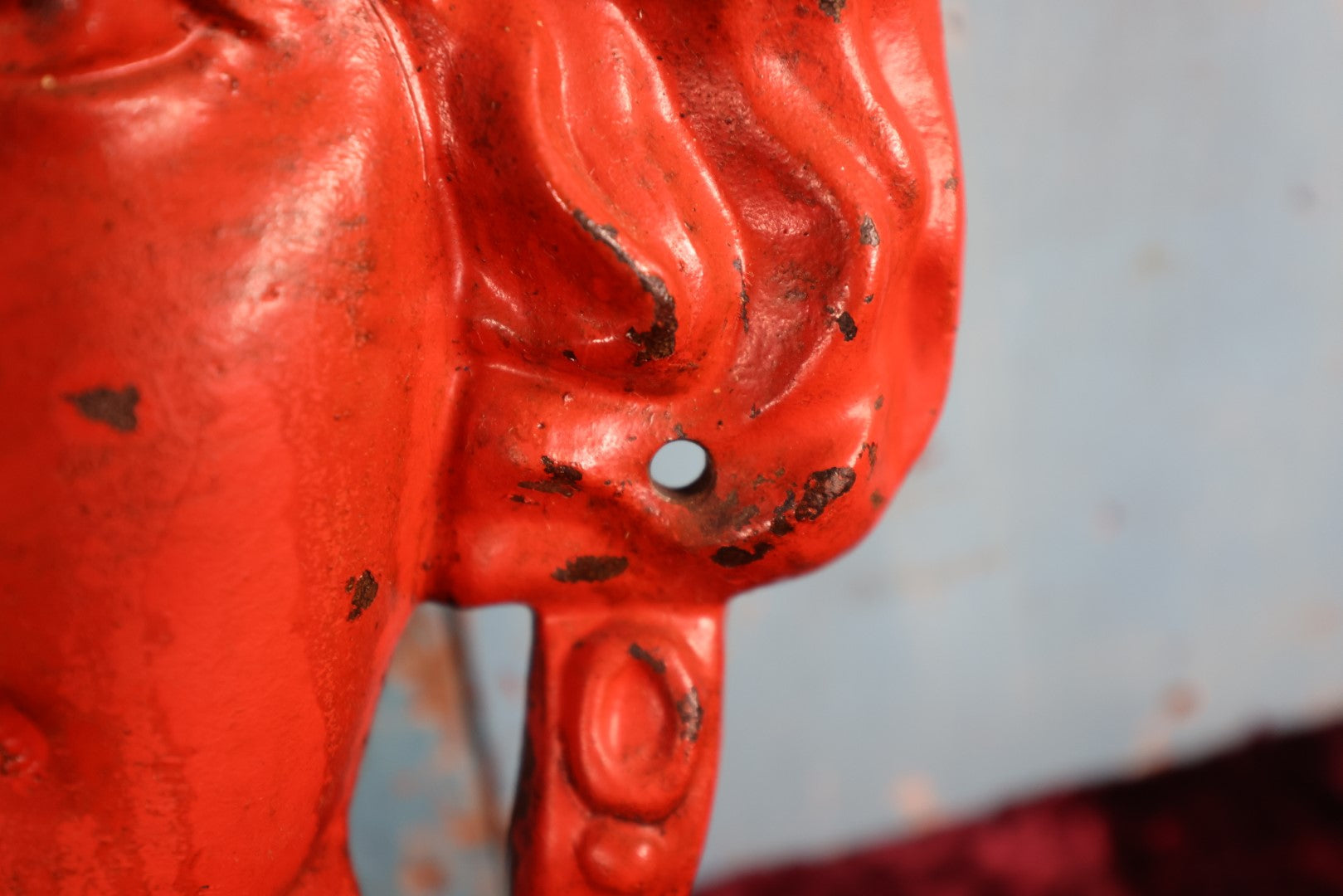 Lot 005 - Large Vintage Cast Metal Woman Face, Red Orange Paint, Greek Goddess