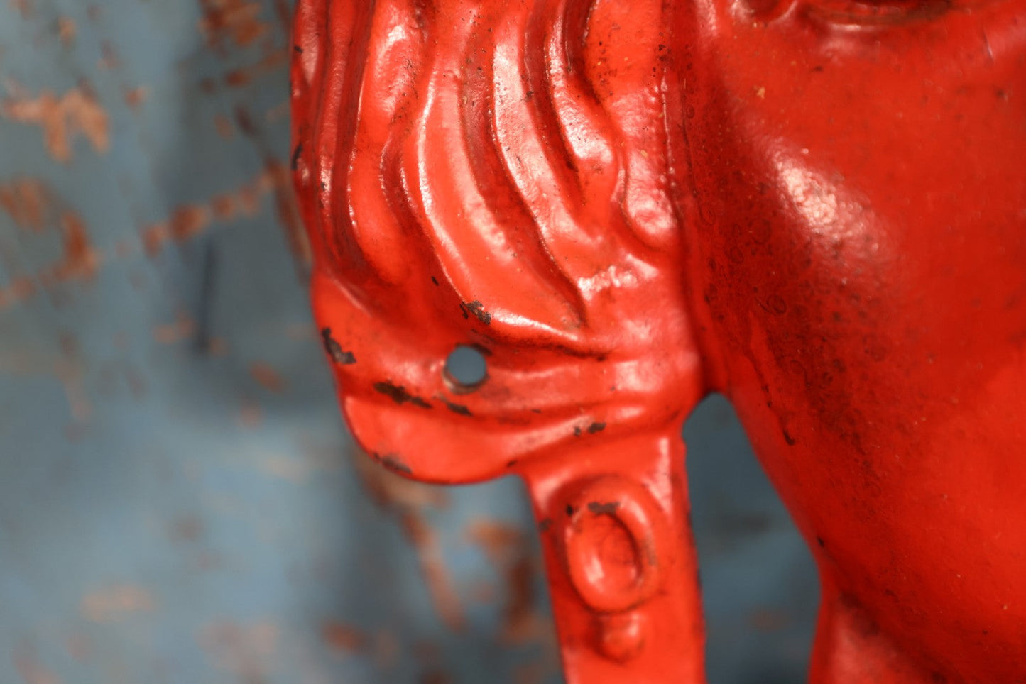 Lot 005 - Large Vintage Cast Metal Woman Face, Red Orange Paint, Greek Goddess