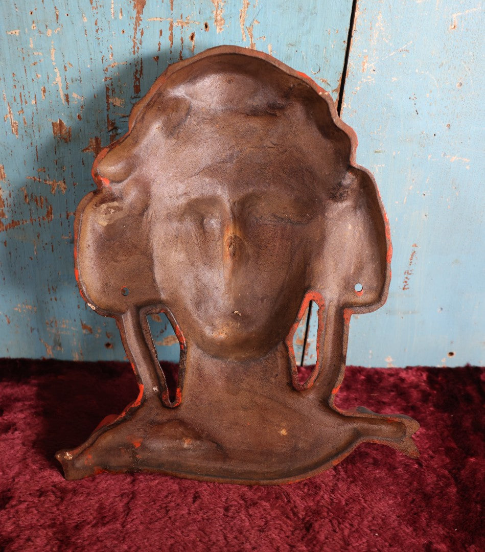 Lot 005 - Large Vintage Cast Metal Woman Face, Red Orange Paint, Greek Goddess