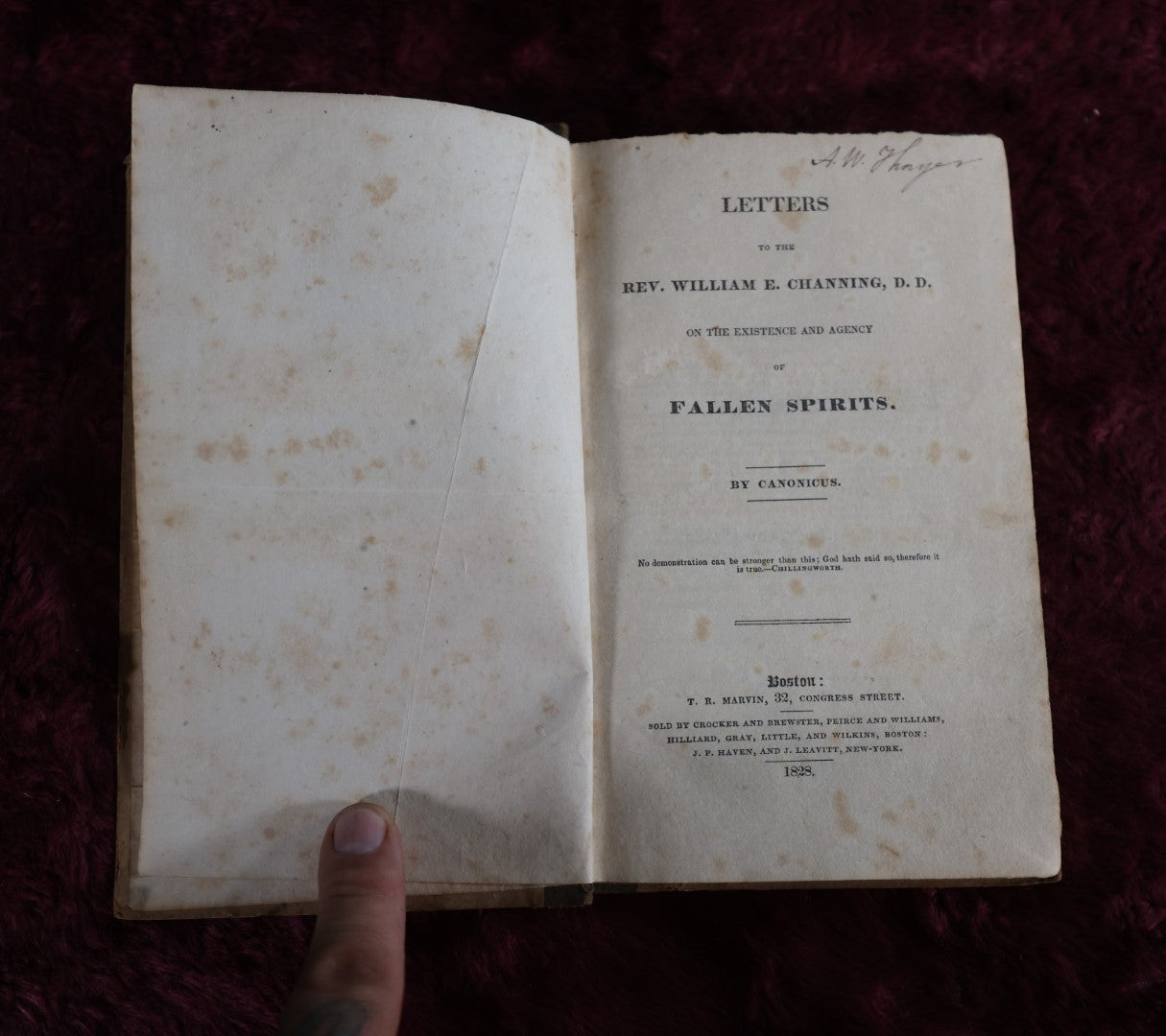 Lot 008 - On The Existence And Agency Of Fallen Spirits, 1828 Antique Book, Letters To The Rev. Willioam E. Channing, D.D., By Canonicus, First Edition