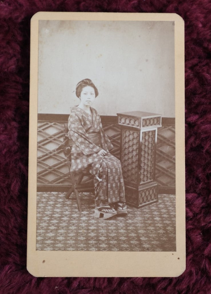 Lot 142 - Antique Cdv Photo Of Japanese Woman In Kimono, Japanese Characters On Back, Text Translates To "Warm Tsuchiya Crane"