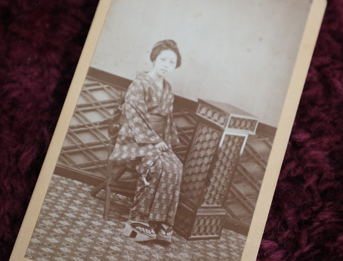 Lot 142 - Antique Cdv Photo Of Japanese Woman In Kimono, Japanese Characters On Back, Text Translates To "Warm Tsuchiya Crane"