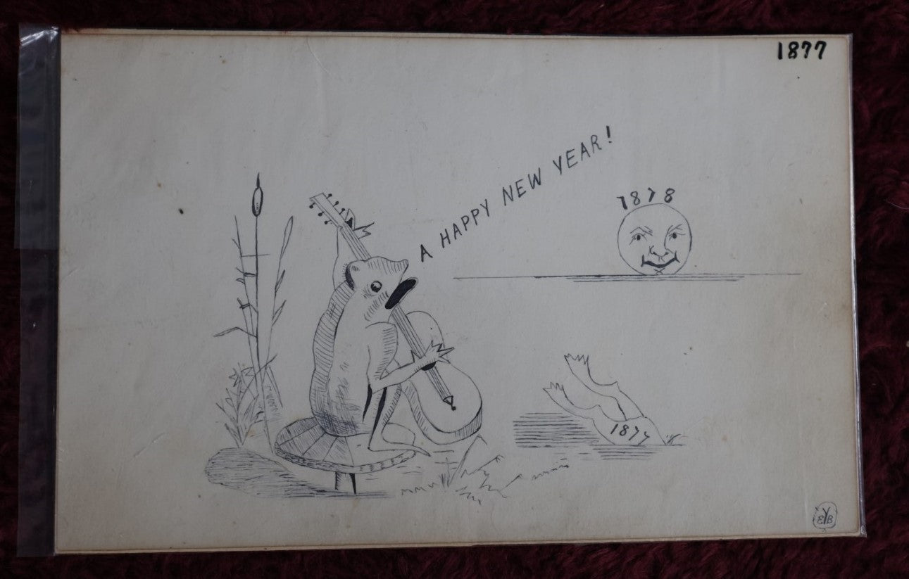 Lot 146 - Antique Hand Drawn Pen And Ink New Years Drawing, 1877 To 1977, Anthropomorphic From Flaying Guitar, Moon Man, Signed E.Y.B.