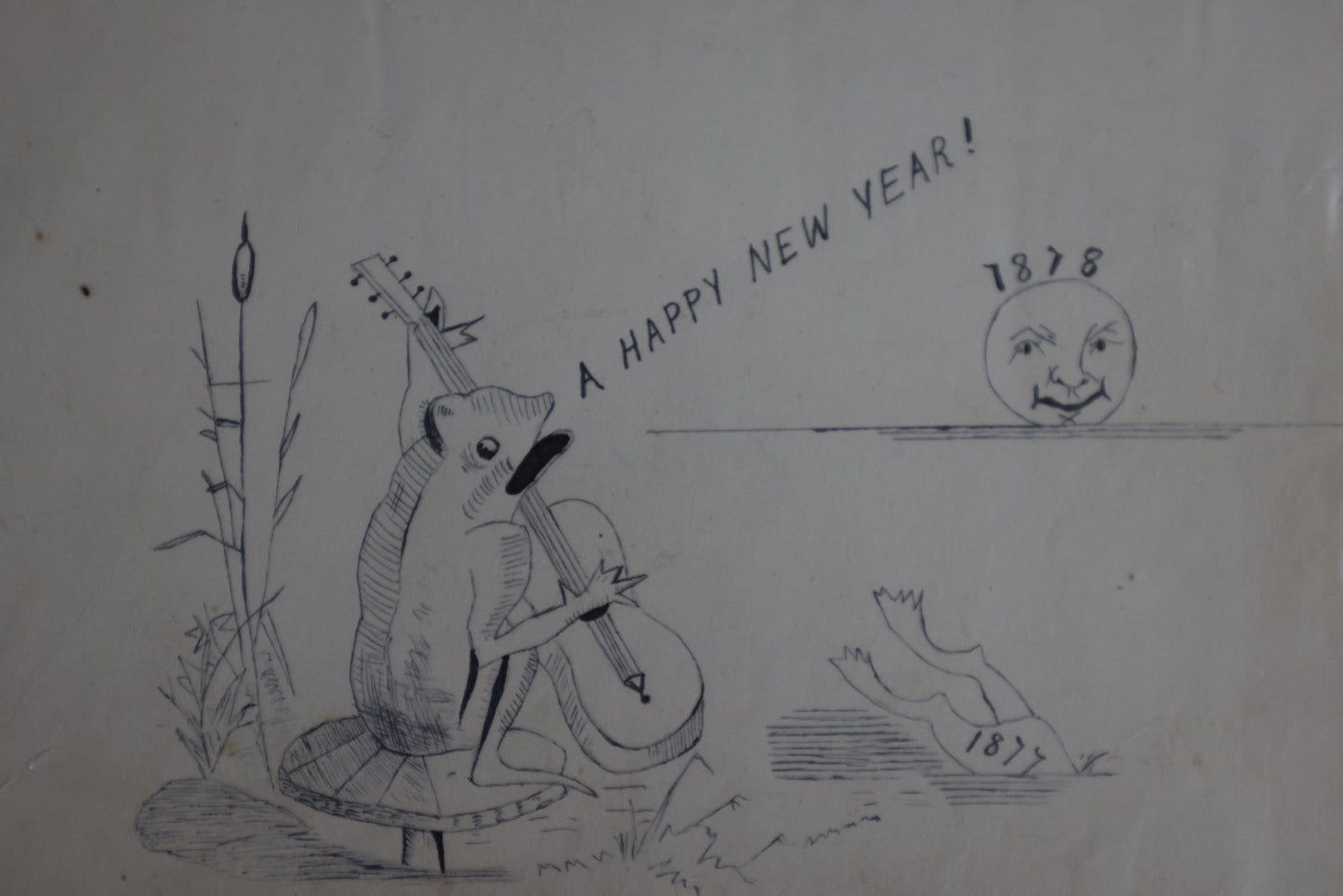 Lot 146 - Antique Hand Drawn Pen And Ink New Years Drawing, 1877 To 1977, Anthropomorphic From Flaying Guitar, Moon Man, Signed E.Y.B.