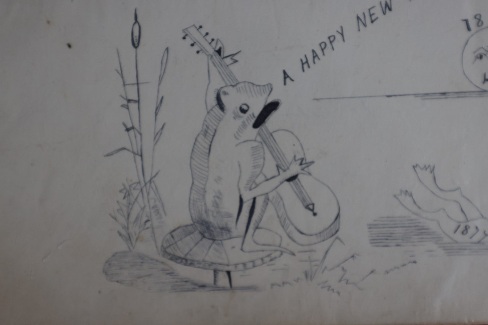 Lot 146 - Antique Hand Drawn Pen And Ink New Years Drawing, 1877 To 1977, Anthropomorphic From Flaying Guitar, Moon Man, Signed E.Y.B.