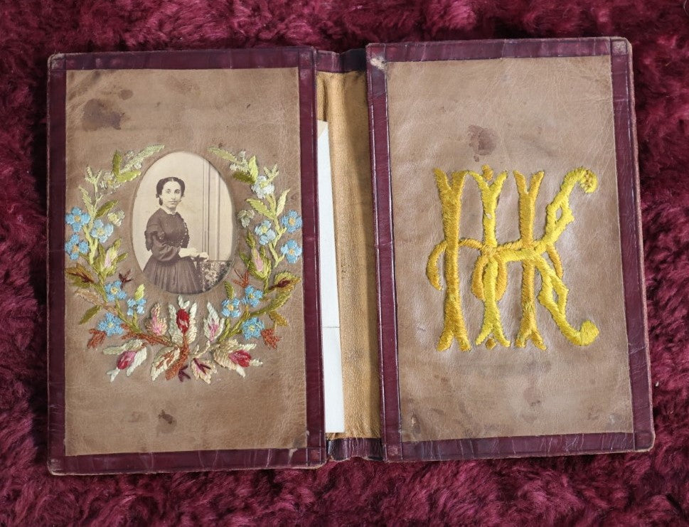 Lot 152 - Antique Hand Made Leather Billfold Wallet, Embroidered With Flowered And Monogrammed, Including Cdv Photo Of Woman, And Additional Folded Photo Of Woman'S Cabinet Card